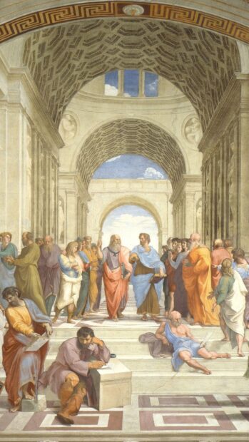 A gathering of ancient philosophers discussing ideas under a grand architectural archway