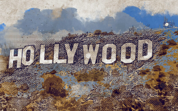 Artistic illustration of the Hollywood Sign on a hillside surrounded by textured sky and foliage
