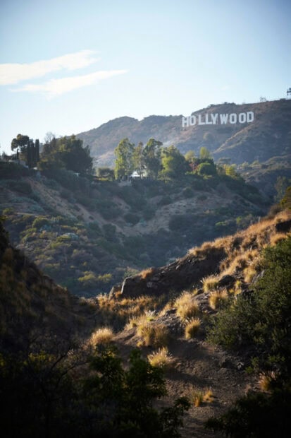 Scenic view of Hollywood sign with hills and vegetation in natural light