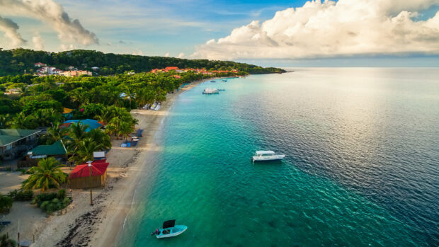 Aerial view of a tropical coastline with clear blue water and lush greenery in Honduras