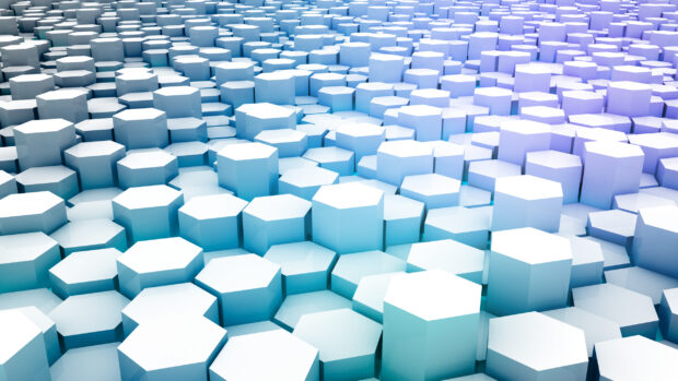 A 3D honeycomb pattern with varying heights in soft blue shades, 2K Desktop Wallpaper