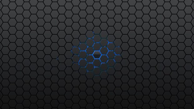 A honeycomb pattern with a glowing blue center hexagon is displayed, 4K Desktop Wallpaper