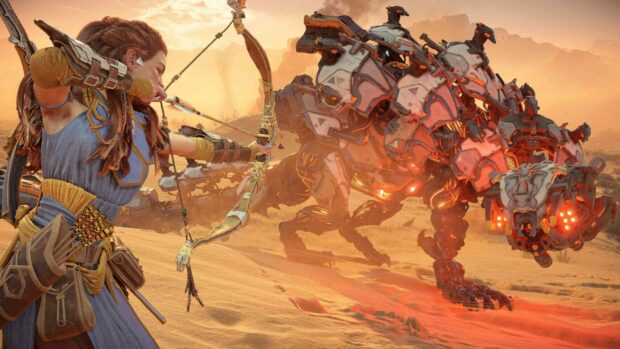 Aloy aiming her bow at a machine creature in a desert from Horizon Forbidden West
