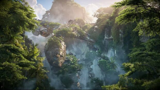 Overgrown mechanical creature in lush jungle from Horizon Forbidden West game