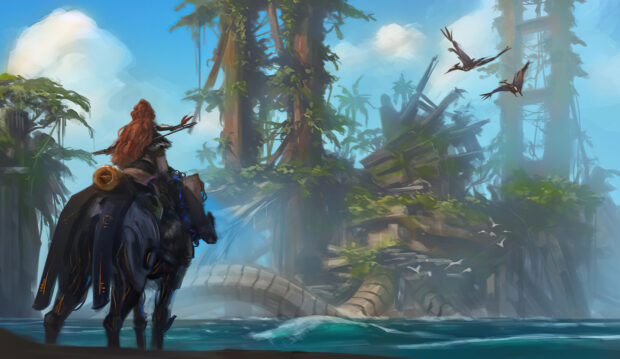 Horizon Forbidden West character riding a machine horse near a lush jungle landscape