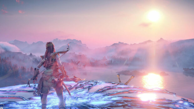 Aloy standing on a cliff overlooking the vast horizon in Horizon Forbidden West