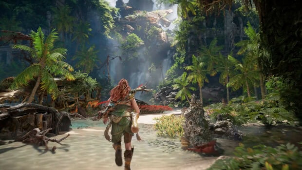 A Horizon Forbidden West character running through a lush jungle and waterfall scenery in a vibrant forest environment