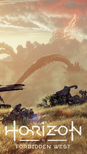 A horizon forbidden west scene with Aloy riding a machine in tall grass under a stormy sky with lightning and mechanical ruins