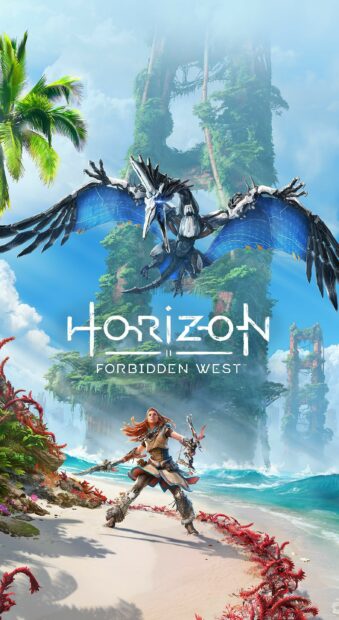 A Horizon Forbidden West character aiming a bow on a beach with a flying machine and lush towers in the background