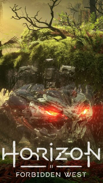 Mechanical predator with glowing eyes covered in moss and ferns in Horizon Forbidden West