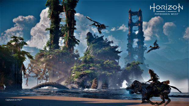 A machine creature stands in water with lush ruins and wildlife from Horizon Forbidden West in the background