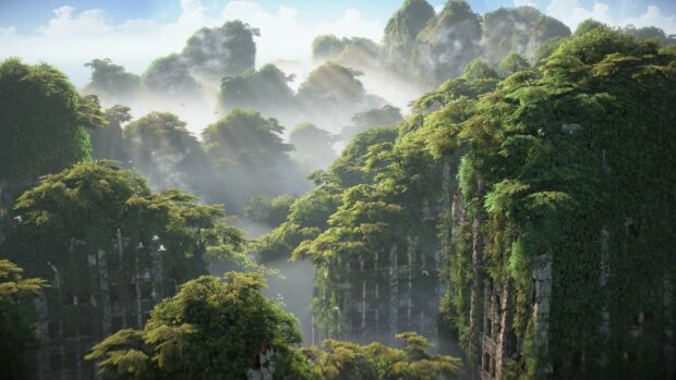 Lush nature scenery of massive stone pillars covered in dense Horizon Forbidden West vegetation