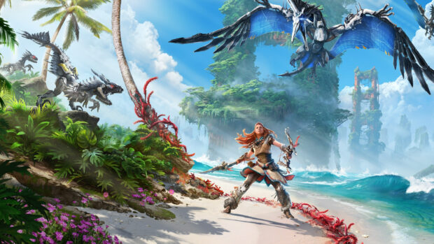 Aloy facing machine creatures on a tropical beach in Horizon Forbidden West