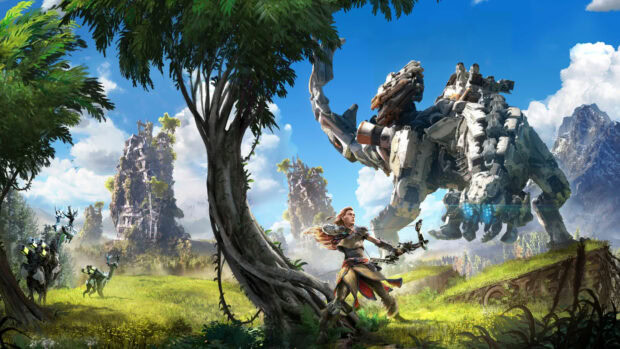 Horizon Forbidden West character aiming bow at a large machine in a lush landscape with robotic creatures
