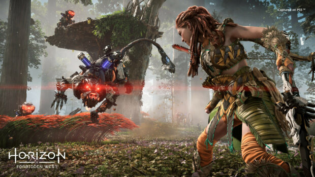 Aloy preparing to fight machine creatures in a forest from Horizon Forbidden West