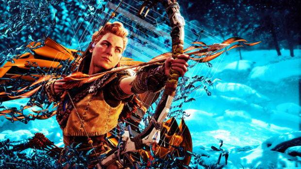 Aloy preparing to shoot an arrow from Horizon Forbidden West in a snowy landscape