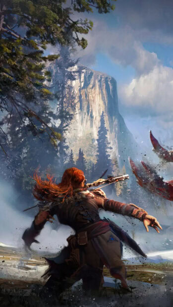Horizon Forbidden West character aiming with a bow in a forested mountainous landscape