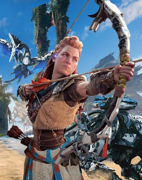 Aloy aiming her bow in Horizon Forbidden West video game scene