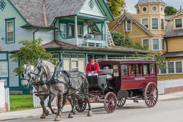 A horse drawn carriage passes charming historic homes on Mackinac Island, HD Desktop Wallpaper