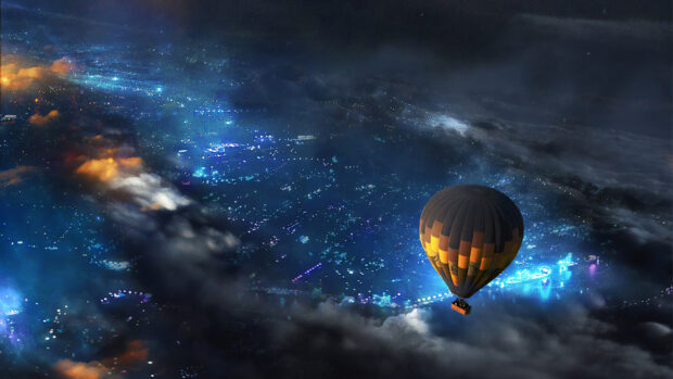 A hot air balloon flying over a glowing cityscape under a night sky