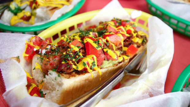 A hot dog with tomatoes and mustard topped with fresh herbs in a delicious bun