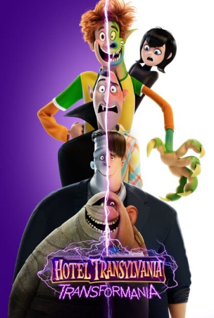 The Hotel Transylvania characters showing their transformed and normal forms in a split image