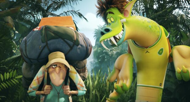 The traveler with a heavy backpack and the green monster from Hotel Transylvania in a jungle setting