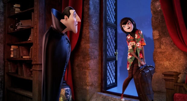 A Hotel Transylvania character looks surprised as another character enters carrying a suitcase through a window