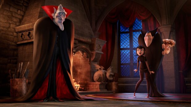 Count Dracula and family in a castle from Hotel Transylvania
