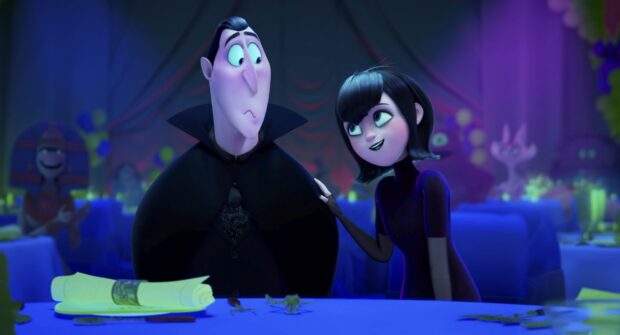 Dracula and Mavis from Hotel Transylvania sitting together at a table in a dimly lit room