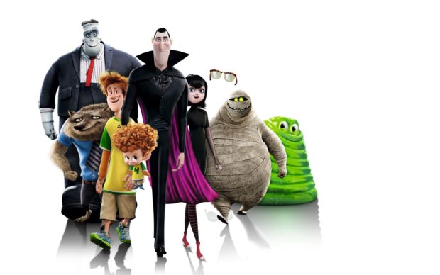 Hotel Transylvania characters standing together in a group with one wearing a cape and another wrapped like a mummy