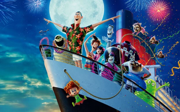 The Hotel Transylvania characters celebrating on a ship under the full moon at night