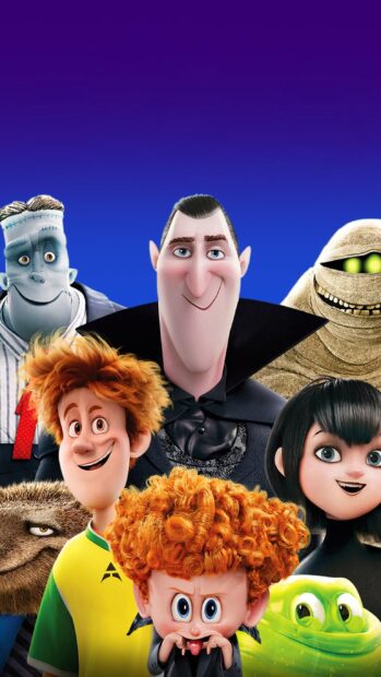 Hotel Transylvania characters with various expressions standing together against a blue background