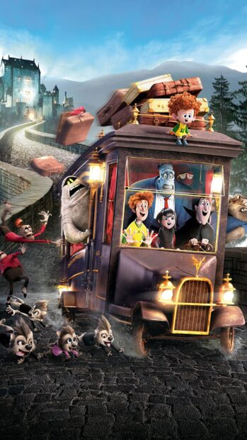 The Hotel Transylvania characters on a vintage vehicle speeding near a castle in an adventurous scene