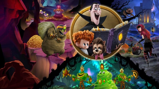 Hotel Transylvania characters reading a magical book in a dark fantasy world with creatures and treasure