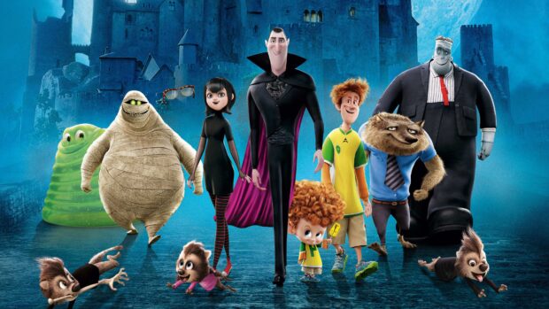 Main characters from Hotel Transylvania posing together in front of a castle background