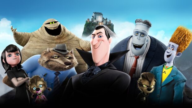 The Hotel Transylvania characters stand together with the castle in the background in a vibrant scene