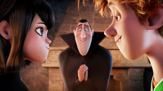 A close up of Hotel Transylvania characters interacting inside a castle hallway