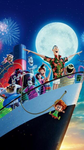 The Hotel Transylvania characters celebrate on a ship under a full moon with fireworks in the sky