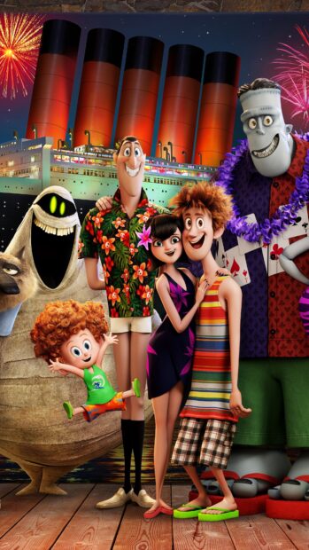 The main characters from Hotel Transylvania standing together smiling on a dock at night