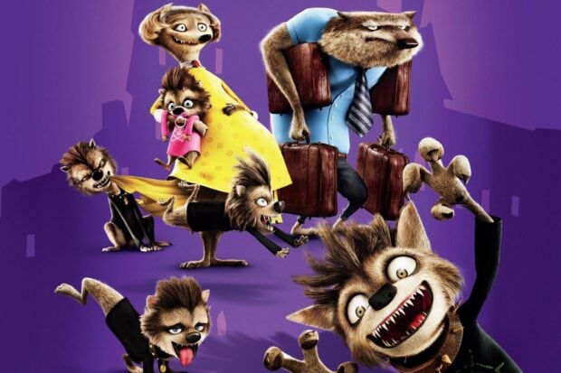 Hotel Transylvania characters in various poses on a purple background from the animated movie