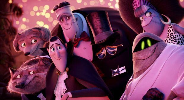 The Hotel Transylvania characters gather together in a vibrant scene from the animation