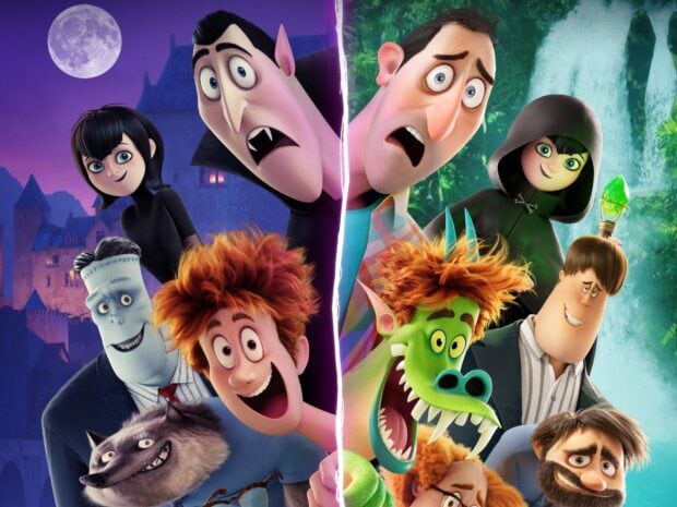 The main characters from Hotel Transylvania are standing together in two contrasting scenes at night and day