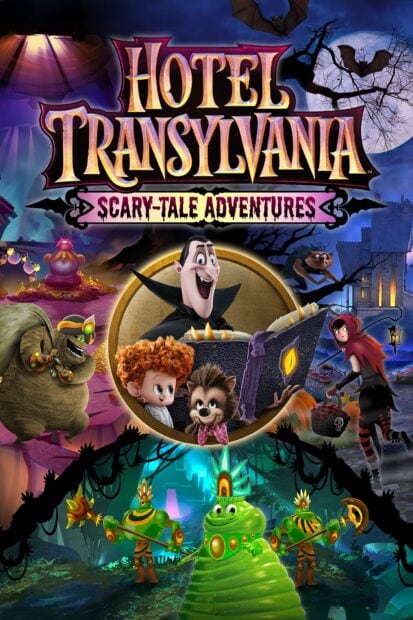 Hotel Transylvania characters and creatures in a spooky forest setting with a glowing book and bats flying in the night sky