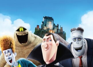 The main characters of Hotel Transylvania standing together in front of a castle on a bright day