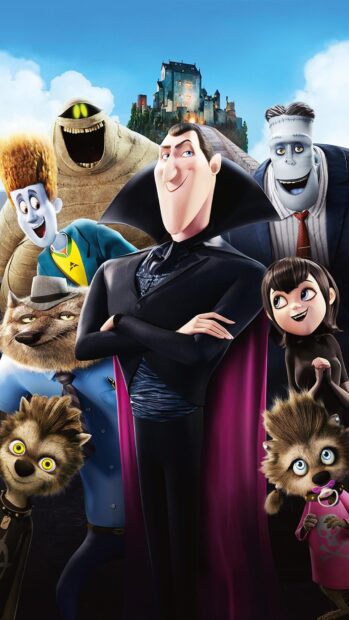 The main characters of Hotel Transylvania standing together in front of a castle on a bright day
