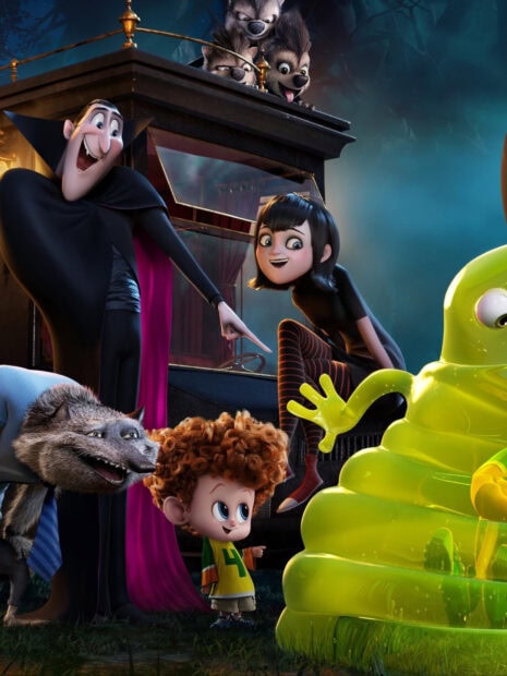 The Hotel Transylvania characters including a vampire and a young boy are gathered around a green slime creature