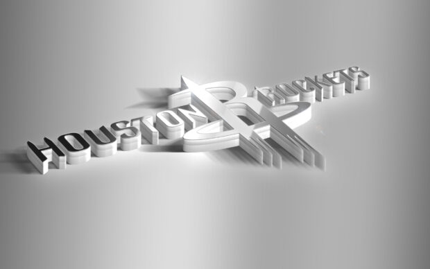 A metallic 3D representation of the Houston Rockets logo and text on a silver background