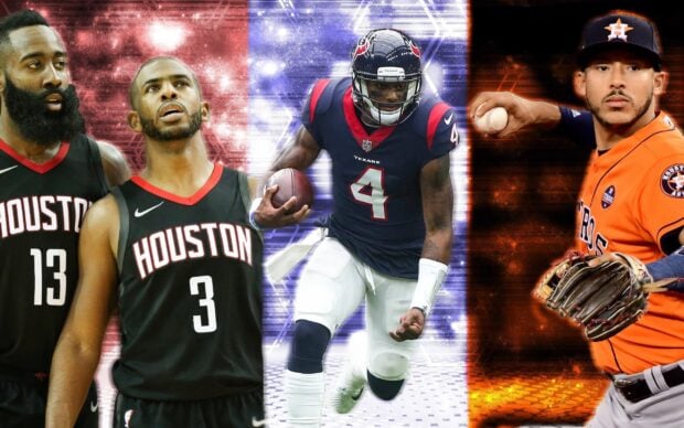 Houston Rockets basketball players standing with a Houston Texans football player and Houston Astros baseball player in action