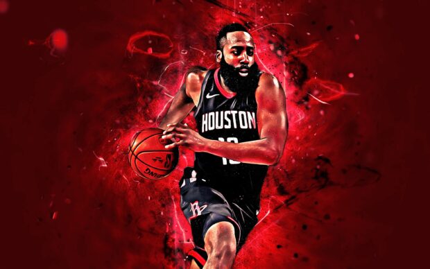 Houston Rockets player dribbling basketball in action on red background